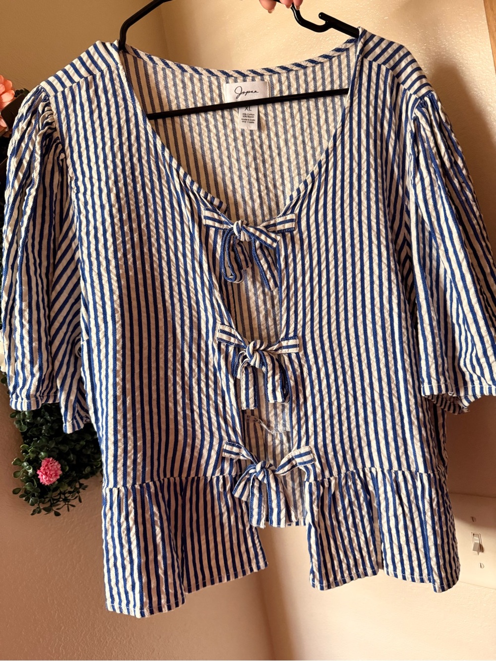 Japna Blue & White Striped Tie-Front Peplum Blouse